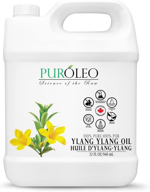 PUROLEO Ylang Ylang Essential Oil 32 Fl Oz/946 ML (Packed in Canada) 100% Pure Aromatherapy Oil for Diffuser, Massage & More - Relaxing, Floral Scent for Stress Relief, Mood Boost & Natural Skincare