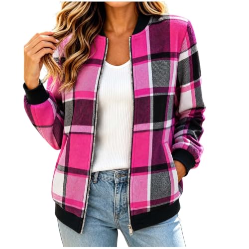 Bomber Jacket for Women 2030 Lightweight Trendy Zip Up Plaid Flannel Coat - image 1