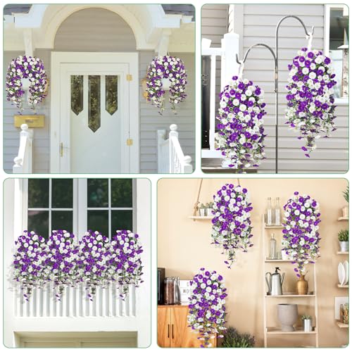 Image of Bassion 2 Packs Artificial Hanging Flowers for Outdoors, Purple White