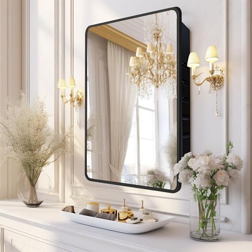 Image of 20x30 Medicine Cabinet with Mirror, Black Metal, Recessed or Surface Mount