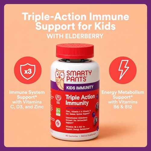 Image of SmartyPants Kids Immunity Elderberry Gummies: Kids Immune Support Supplement, Vitamin C, Vitamin D, Vitamins B6 & B12 and Zinc, Gluten Free, Elderberry Flavor, 60 Count (30 Day Supply)