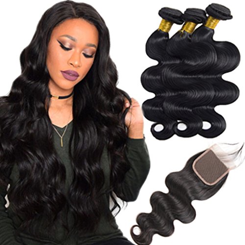 XSYHair 6A Unprocessed Brazilian 3 Bundles Body Wave Human Hair with One 4×4 Nature Black Lace Closure for Black Women
