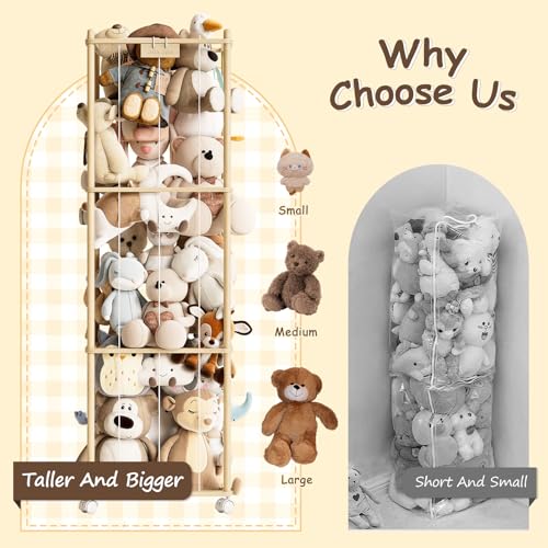 Image of Stuffed Animal Storage Zoo with Wheels,Montessori-Inspired Solid Pine Wood Plush Toy Organizer,Extra Tall Stuffed Animal Holder with Thick Elastic Cords for Nursery,Kids Room and Bedroom,Extra Large