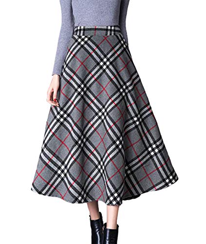 Femiserah Women's Winter Warm Elastic Waist Wool Plaid A-Line Pleated Long Skirt (US 16, Grey)