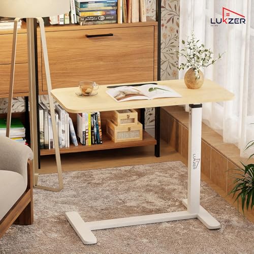 Image of Lukzer MST-002 White Frame Brown Oak Top Overbed Table with Wheels | Adjustable Height Laptop Desk for Bed & Sofa | Rolling Bedside Table for Home, Hospital & Office (40x80x95 cm)