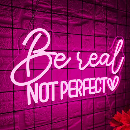 Image of Symone Be Real Not Perfect Heart Neon Sign, Motivational Neon Sign USB Powered LED Dimmable Inspirational Neon Light, for Office Living Room Bedroom Bar Garage Studio Wall Decor(15.7 * 8.2 In)