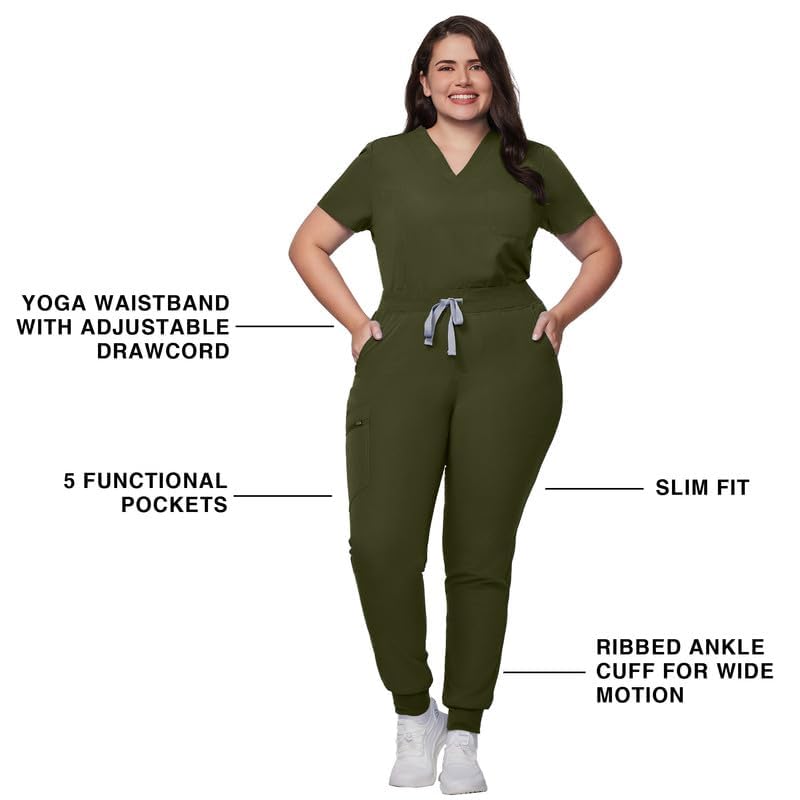 Image of Kitmaz Scrub Pants for Women - Mid Rise 4-Way Stretch Anti-Wrinkle Slim Fit Jogger Pants, Drawstring & 5 Pockets