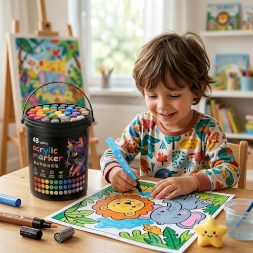 Image of SMILE Professional 48 Colors Acrylic Marker Pen Set - Multi Surface Paint Pens for Rock, Glass, Canvas, Wood, Ceramic, DIY Craft & School Projects