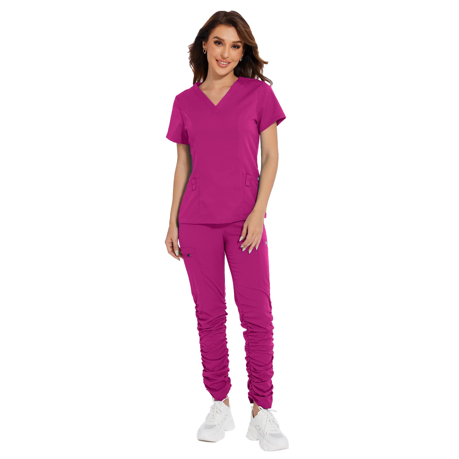 niaahinn Classic Scrub Set for Women - V-Neck Scrub Top & Stylish Scrub Pants with Multi Pocket (Hot Pink,L,Large)
