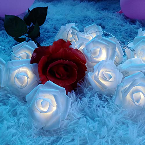 Kouamor 5ft/10ft/20ft Valentines Day Rose Lights, Valentines Decor Flower String Lights, Red Pink White Rose Lights with Battery, Valentines Lights for Indoor Outdoor Home Party (White-5ft(Solid on))