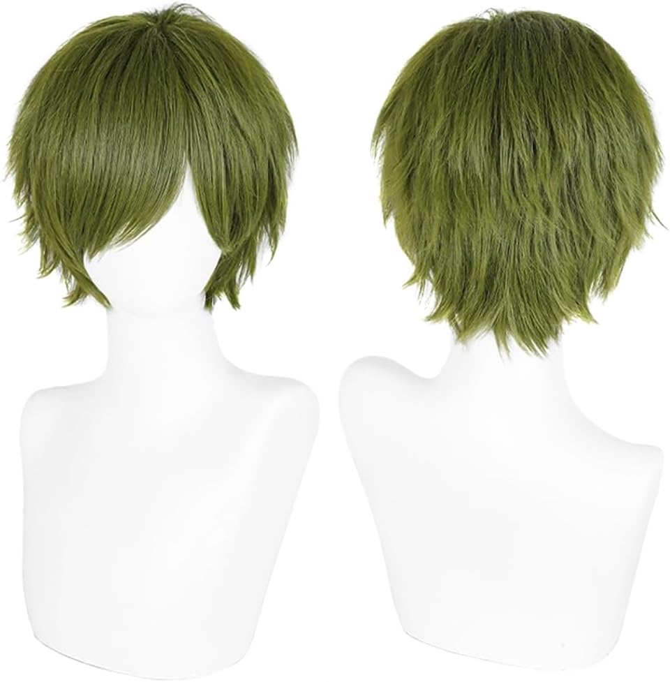 Men's Anime Short Olive Green Cosplay Wig,Unisex Short Layered Synthetic Accessory Hair Wig+Hair Cap for Cosplay Halloween Costume