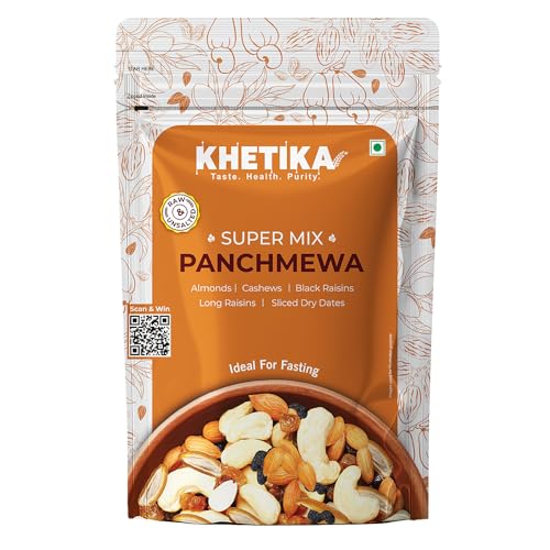 Khetika Premium Panchmeva 450g | 5 Superfood in 1 Mix, Dry Fruits, Mixed Nuts, Mixed Fruits, Contains Cashew, Almond, Long Raisins, Black Raisins, Sliced Dry Dates