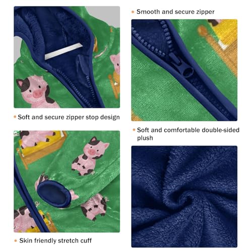 Pig Pattern on Green Background Toddler Fleece Jacket Girl Boys Hooded Fleece Jacket Coat Warm Outwear Zip-up 3-10T3