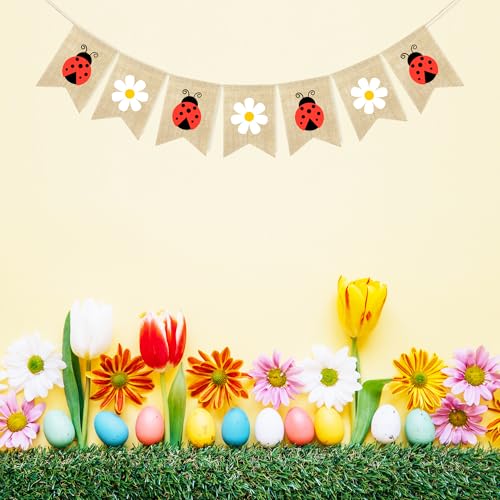 Image of Daisy Ladybug Banner Burlap Garland Ladybug Party Decorations | Ladybug Baby Shower Birthday Party Decorations, Insect Theme Garden Party Supplies, Home Wall Classroom Hanging Decor