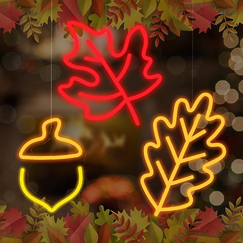 ROCEEI 3 Pcs 2026 Thanksgiving Neon Sign Fall Window Lights Autumn Decor Maple Leaf Acorn Neon LED Lights Thanksgiving USB Wall Bar Living Room Decoration for Autumn Party Holiday Bedroom Gifts