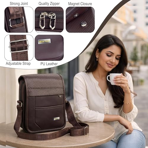 Image of Storite PU Leather Messenger Bag, Dark Brown, 20.5x6x30 cm