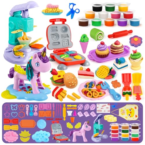 Aprilwolf 60 PCS 3 in 1 Dough Sets for Kids Ages 3-4-8, Dough Tools Kit, Unicorn, Ice Cream Playset, Hamburger Maker Machine, Kitchen Creations Food Play Toys Boys Girls