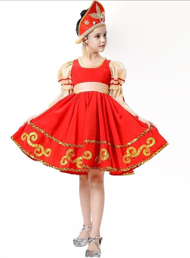 Girls Russian Traditional Dance Dress.Puff Sleeve Performance Outfit