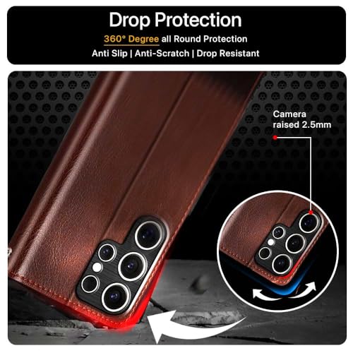 Image of FLIPPED Vegan Leather Flip Case Back Cover for Samsung Galaxy S25 Ultra 5G (Flexible, Shock Proof | Hand Stitched Leather Finish | Card Pockets Wallet & Stand | Brown with Coffee)