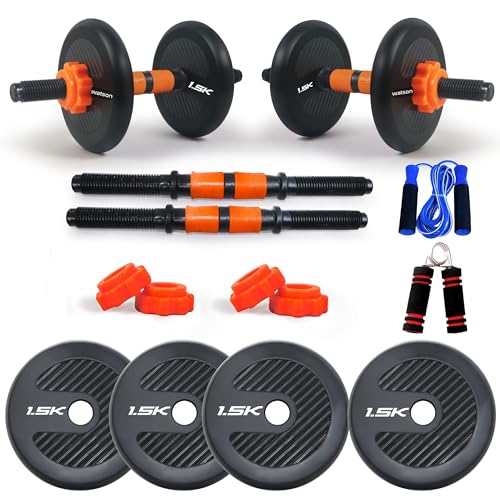 Image of WATSON Premium Rubber Dumbbell Set For Men, Women Fitness, Dumbbell Set With 6Kg (1.5Kgx4) Rubber Weight Plates, Hard PVC 14 inch Dumbbell Rods, Skipping Rope, Hand Grip