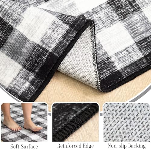 Image of Checkered Area Rug, 9 Ft, Round, Black and White | Washable, Non Slip, Modern Neutral, For Living Room Bedroom Office Patio Dining Room