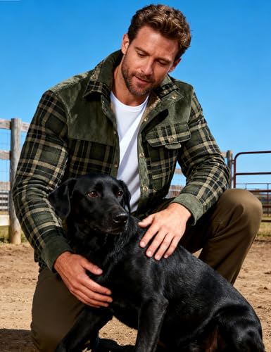 Image of Flygo Men's Sherpa Lined Plaid Flannel Shirt Jacket Snap Button Warm Winter Jacket with Pockets