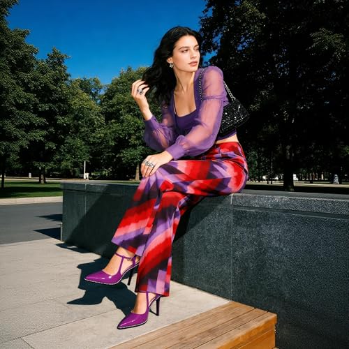 Image of SAMMITOP Womens High Heels Ankle Strap Pointed Toe Stilettos Patent Leather Beaded Pumps Dress Shoes 3.5 Inch
