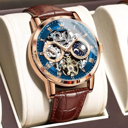 OLEVS Men Skeleton Watch Automatic Winding Moon Phase Dress Luxury Leather Strap Waterproof Luminous Men Wrist Watch - Image 5