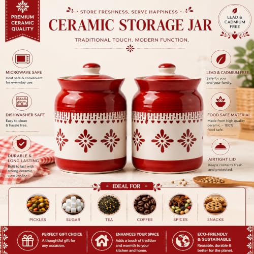 Image of D'Maiolica Ceramic Handmade Pickle Jars in 1000ml (set of 2) | Floral Bale 1 kg Achaar Martban | Ceramic Jadi for Kitchen Storage (Set of 2) | Jars for Achar, Spices, Salt (Royale Red Heartline)
