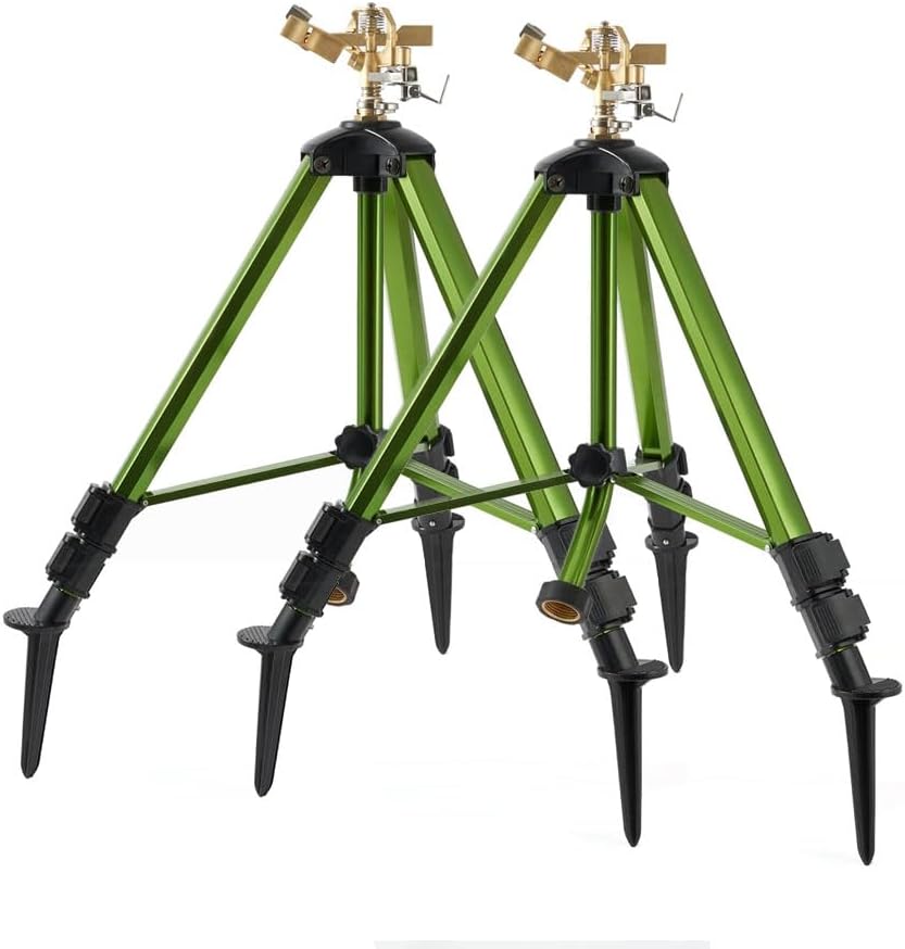 THUNDERBAY Impact Sprinkler on Tripod Base, Heavy-Duty sprinklers Provide 360-degree Spray Coverage Large Yard Garden Lawn Areas, 3/4 Inch Connector Extension Legs Flip Locks with Brass Head, 2 Pack