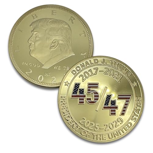 Image of Donald Trump Collectible 45 47 Gold Challenge Coin 24kt Gold Plating with Colorized 45 47 with USA Colors - Large Size 45mm x 3mm with Protective case