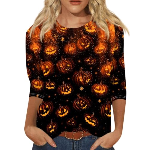 Image of Women Spooky Halloween Graphic Shirt 3 /4 Length Sleeve Crewneck Top | Halloween Funny Printed Pumpkin Plus Size Tshirts 2026 Fall Outfits Skeleton Tee Going Out Tops