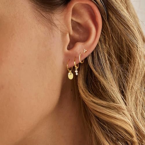 Image of Gold Plated Earrings for Women, 14k Gold Plated Earring Stack Hypoallergenic Pearl Drop Earring Dainty Earrings for Women Trendy Cute Small Huggie Hoop Earring Fashion Womens Jewelry