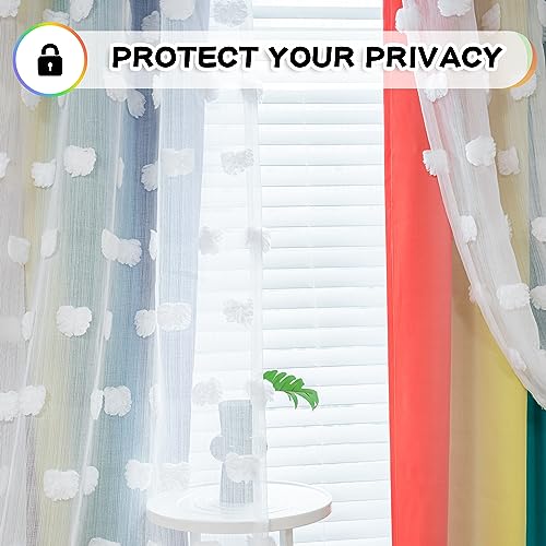 Image of MYSKY HOME 95 Inch Long Rainbow Curtains for Girls Bedroom & Living Room - Double Layer Ombre, White Pom Pom, Blackout Sheer, Room Darkening Grommet Window Panels (2 Pieces, 52 x 95 in)