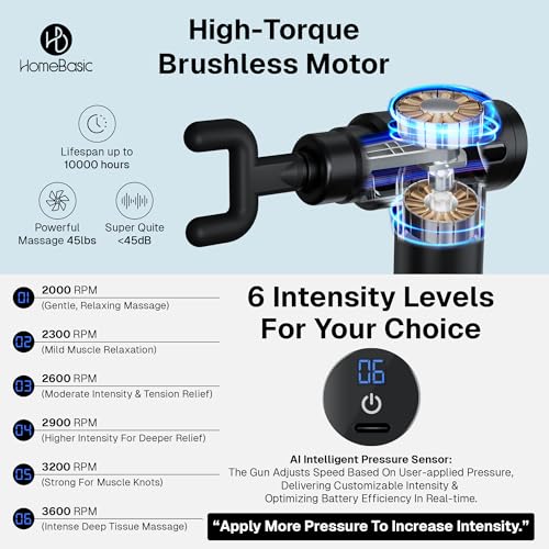 Image of HOMEBASIC Muscle Mate Gun Massager For Full Body Pain Relief| 4 Massage Heads,6 Speeds| 3600mAh USB-C Rechargeable Battery| Handheld Deep Tissue Massager for Neck Shoulders Back Feet| Unisex (Black)
