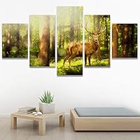 SIGNWIN 5 Panel Canvas Wall Art Modern Art Animals Dramatic Elephants Giraffe Multicolor Photography Southwest for Home Decorations Ready to Hang - 60