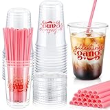 FoldTier 24 Sets Galentines Gang Cups with Lids and Pink Straws 16oz Glantine's Day Disposable Clear Plastic Cups Girl Gang Valentines Day Decorations for Cold Beverage Drinking