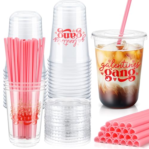 FoldTier 24 Sets Galentines Gang Cups with Lids and Pink Straws 16oz Glantine's Day Disposable Clear Plastic Cups Girl Gang Valentines Day Decorations for Cold Beverage Drinking