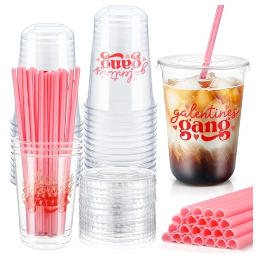 FoldTier 24 Sets Galentines Gang Cups with Lids and Pink Straws 16oz Glantine's Day Disposable Clear Plastic Cups Girl Gang Valentines Day Decorations for Cold Beverage Drinking