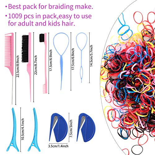 79Style 1000Pcs Rubber Bands For Hair Small Hair Rubber Bands With Cutter For Baby Grils Hair Ties Ponytail Remover Tools, Braiding Kit Hair Combs, Topsy Tail Hair Tools Hair Loops Styling Hair Accessories For Grils（Total1009Pcs -Multi Colored Pink) #TOP6