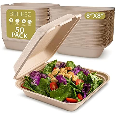 brheez Disposable Clamshell To-Go Containers – Bagasse Fiber Biodegradable Containers with Lids for Takeout, Parties, & Holidays – Pack of 50 Chemical-Free, 1-Compartment Boxes, 8"x8", Natural Cover