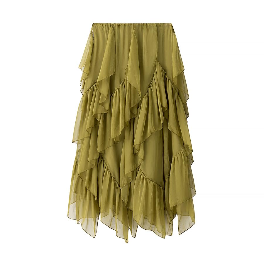 Women's Elegant Layered Chiffon Crinkled Maxi Skirt, Elastic High Waist and Flowing Semi-Sheer Ruffles