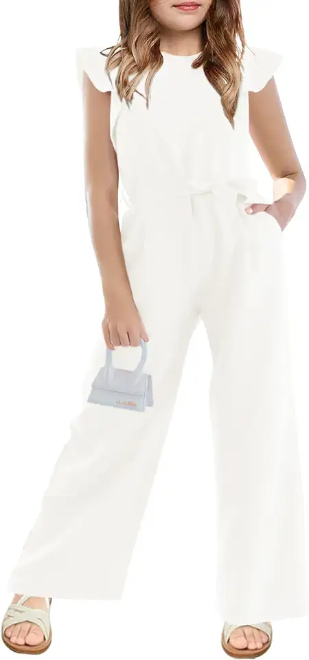 Haloumoning Girls Jumpsuit Kids Fashion Cap Sleeve Belted Wide Leg Romper One Piece Summer Outfits