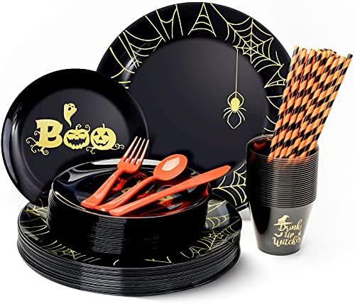 175PCS Halloween Black Plastic Plates with Gold Spider Web & Smiley Pumpkin, Orange Disposable Cutlery, Gold Witch Printed Black Cups and Paper Straws Ideal for Halloween Party, Serve for 25 Guests