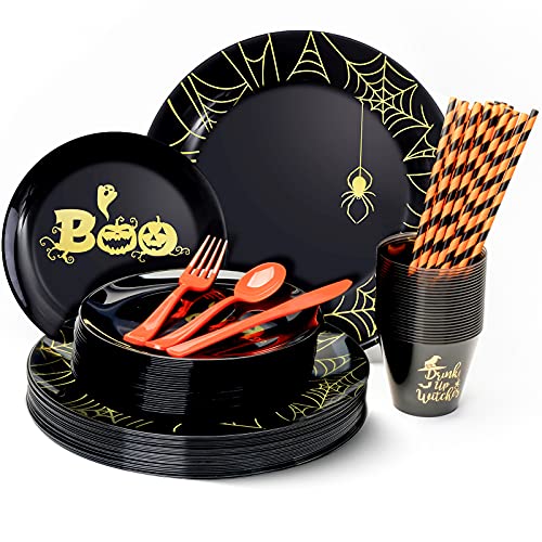 175Pcs Halloween Black Plastic Plates With Gold Spider Web & Smiley Pumpkin, Orange Disposable Cutlery, Gold Witch Printed Black Cups And Paper Straws Ideal For Halloween Party, Serve For 25 Guests #TOP13