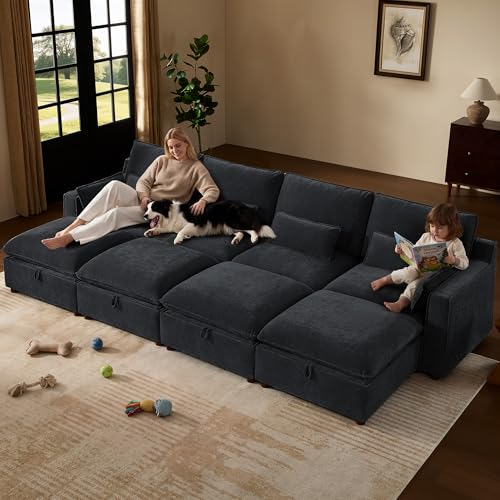 Image of WorthFurni Modern Modular Sectional Sofa,134 inch Sleeper Sofa Bed Sectional Cloud Couch with Storage Ottoman,Comfty 8 Seat Sofa for Living Room,Black Chenille