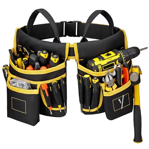 Tool Belt for Men - Tool Pouch for Waist Up to 52” with 18 Pockets 19 Webbing Loops Dual-Side Buckle With Magnet Holster Heavy Duty Tool Bag Organizer for Electrician Carpenter Gift for Men Boyfriend