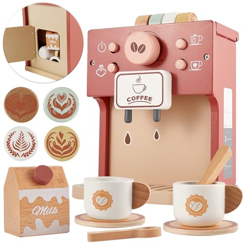 BUYGER Macchina da Caffè Accessori Cucina Bambini in Legno, Giocattolo Educativi Montessori, Set Cucina Cibo Finto,...
