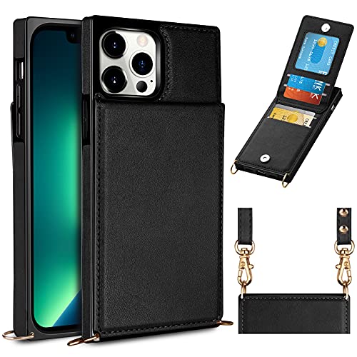 HianDier Compatible with iPhone 13 Pro 6.1-inch Wallet Case Women Girl Card Holder Back Flip with Crossbody Lanyard Kickstand Credit Card Slot Soft PU Leather Square Cover, Black