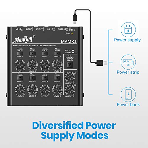 Moukey 8 Kanal DJ Mixer Mischpult, Musik Mixer tragbar, 8 Stereo Mini Audio Mixer DC 5V für kleine Clubs Bars Mikrofon… - Image 6